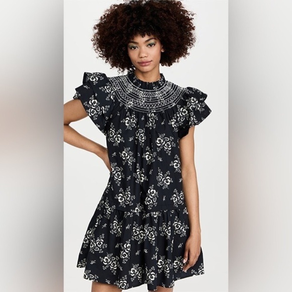 Sea New York Alessia Tunic Dress Black Cream Floral Smocked Ruffle Mini M